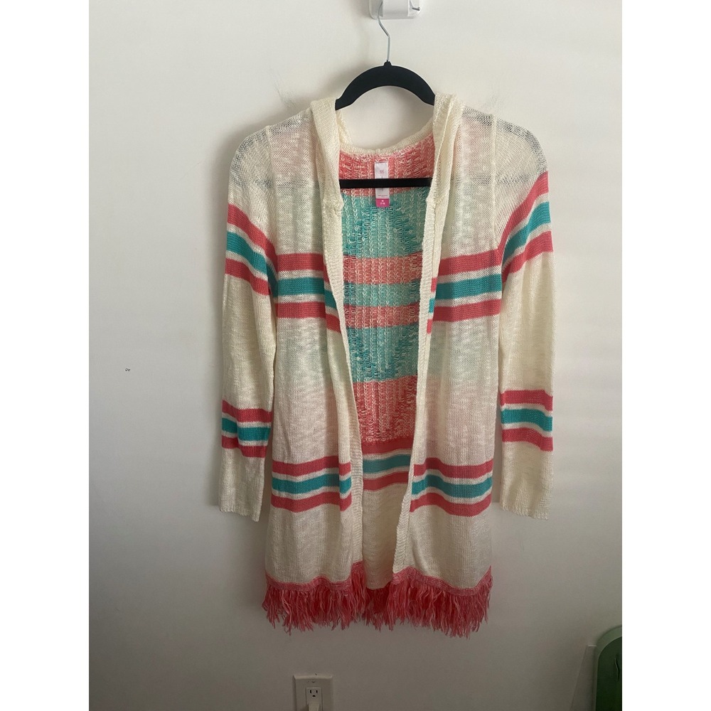 Womens Coral Teal Striped Fringe Hoodedā Open Cardigan
